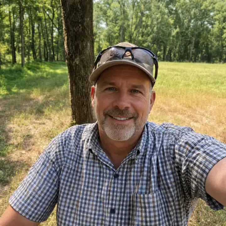 Tom Brennan, editor of Flail Path, outdoors in a baseball cap